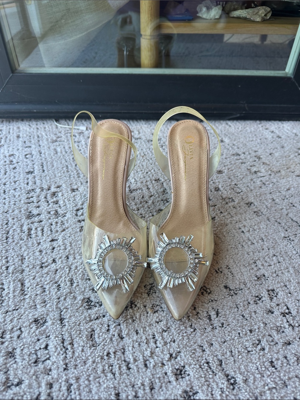 Crystal-Embellished Clear Slingback Heels — Neutral